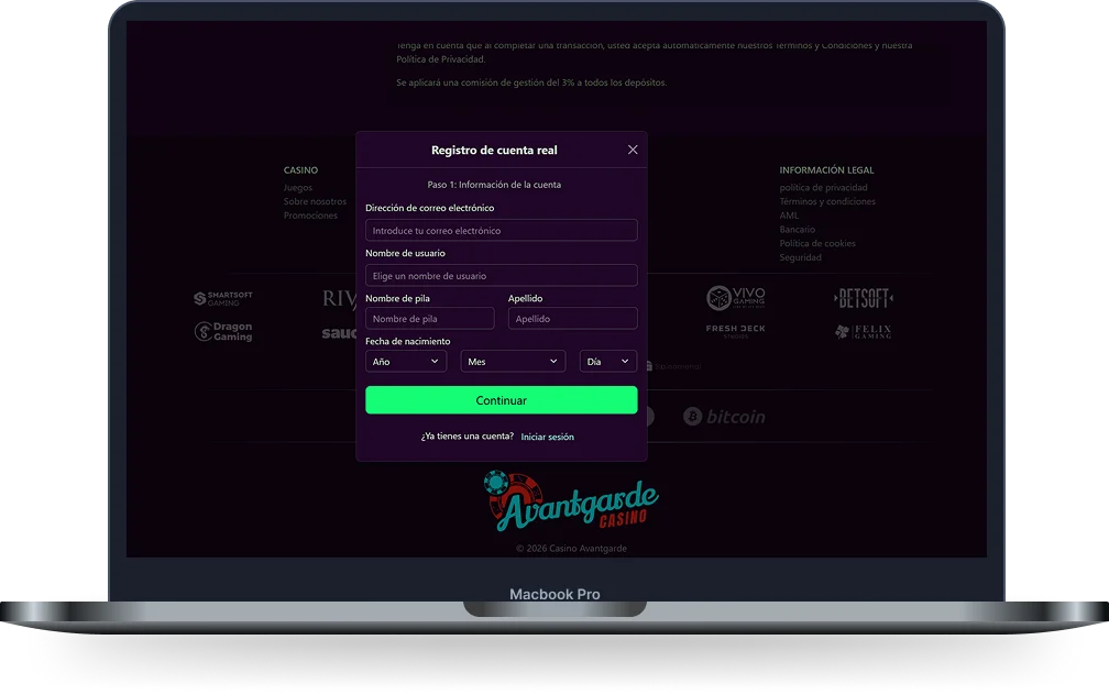 Avantgarde Casino Registro de Cuenta Real Avantgarde Casino formulario de registro de cuenta real mostrado en ordenador